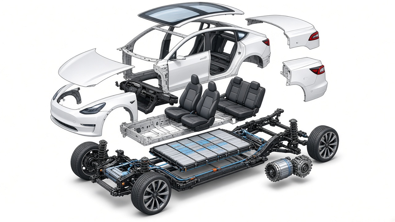 Sprängskiss av en elbil liknande Tesla, med batteripack, elmotor och karossdelar isärtagna
