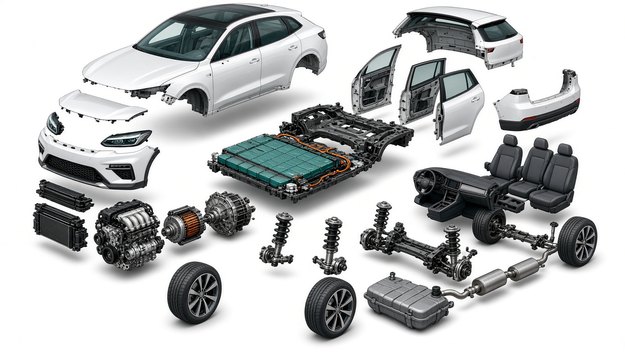 Sprängskiss av en hybridbil med både förbränningsmotor, elmotor och batteri